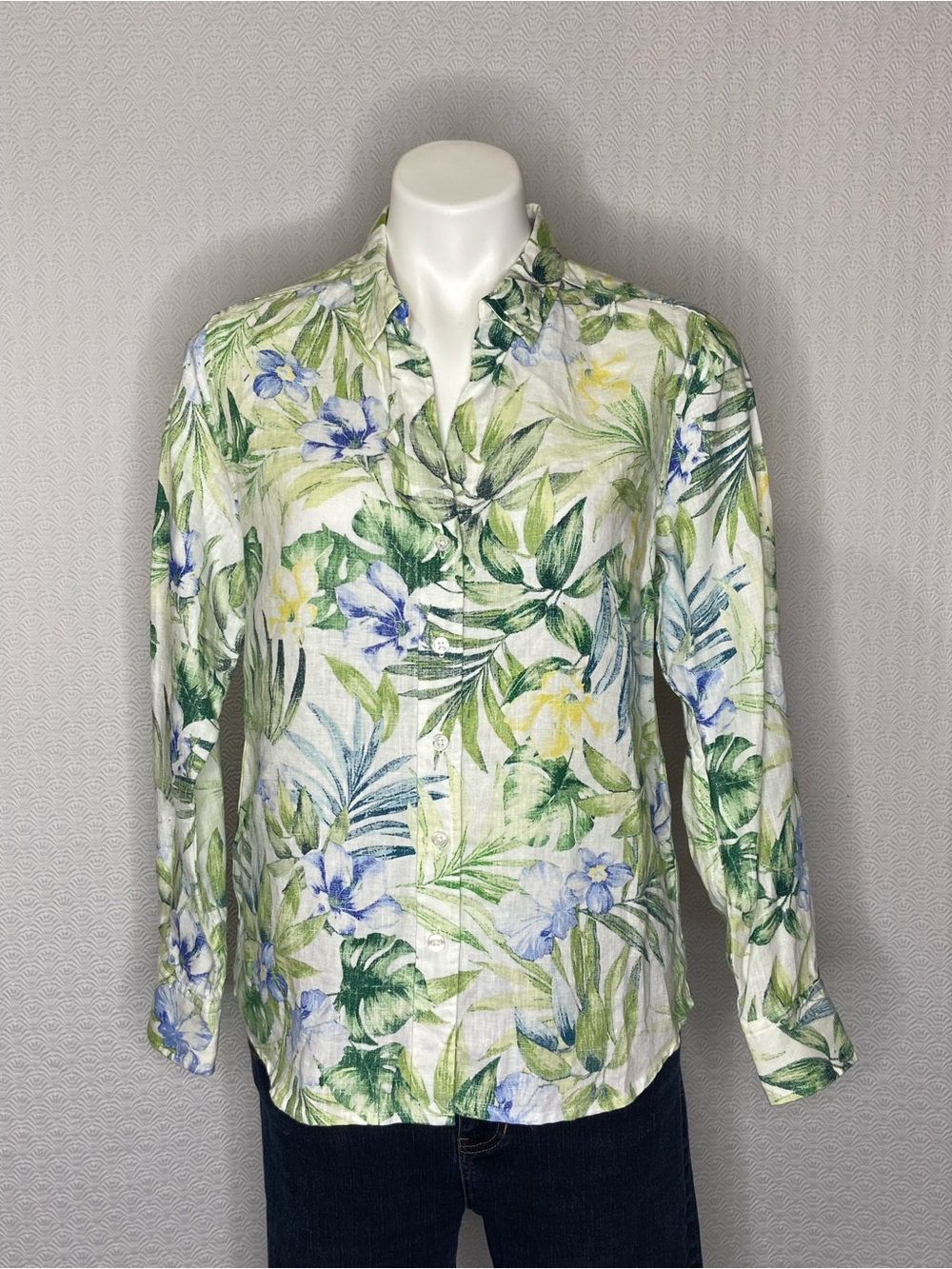 TOMMY BAHAMA 100% Linen Tropical Print Long Sleeve Button Down Shirt Small